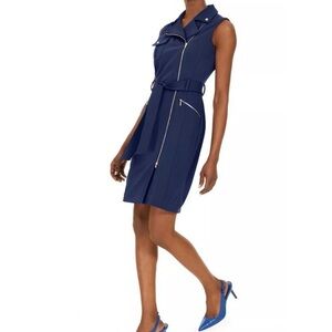 Calvin Klein Womens Sleeveless Moto Sheath Dress Navy Gold Hardware 14